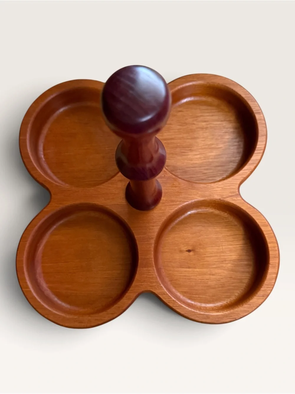 Wooden Four-Bowl Condiment Caddy Featuring Brown Ceramic Insert Dishes